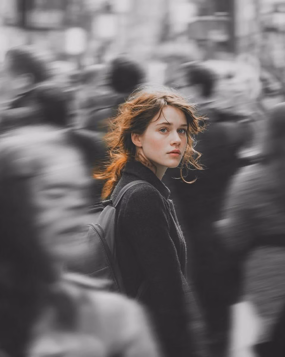 A cinematic street portrait of a young woman walking through