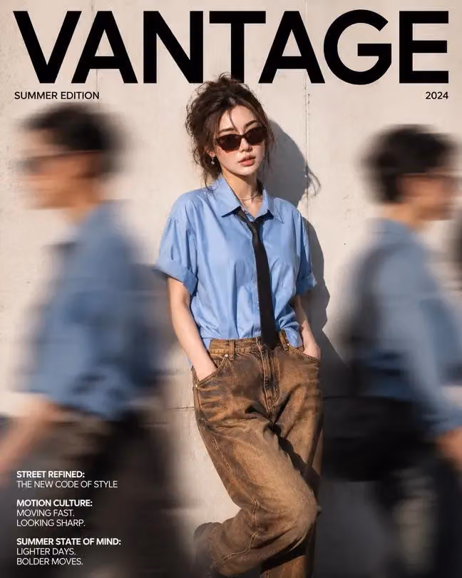 A high-end fashion magazine cover titled "VANTAGE" in a bold