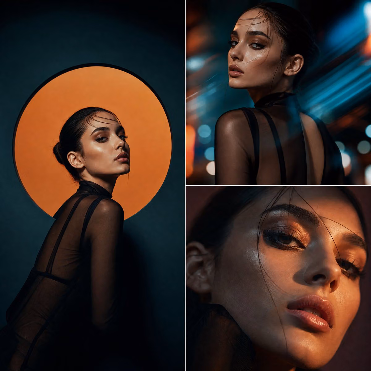 Cinematic hybrid fashion editorial combining studio and abst