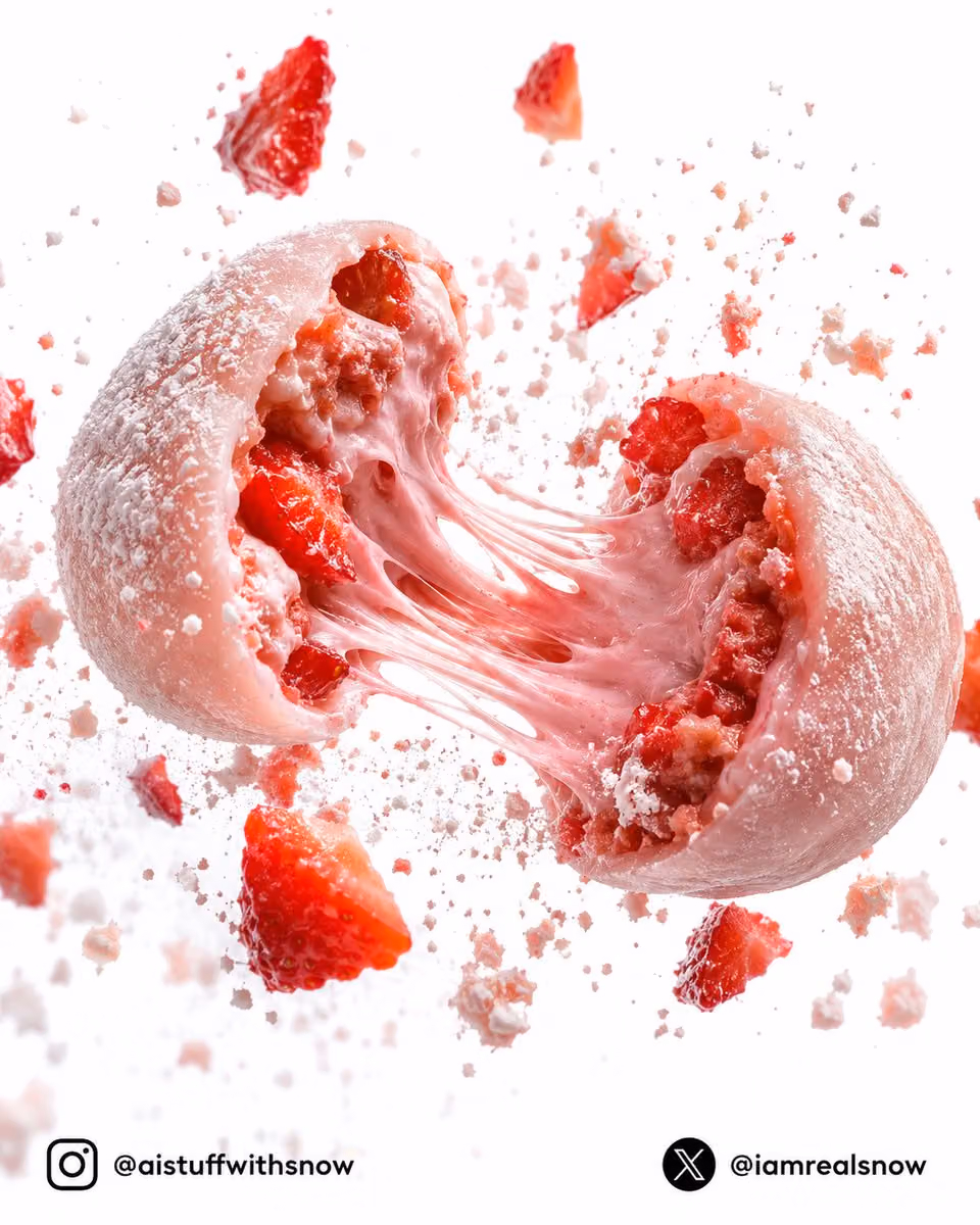 An ultra premium Japanese strawberry mochi suspended in mid