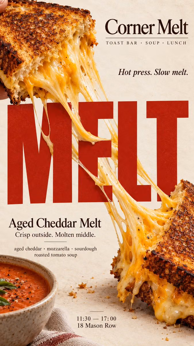Create a 9:16 vertical food editorial poster combining highl