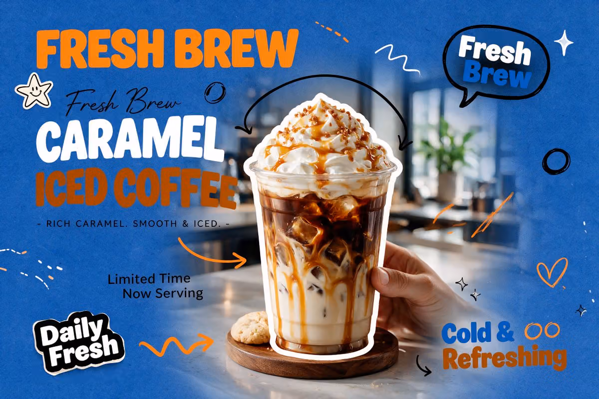 Create a trendy 3:2 square promotional poster for “[PRODUCT