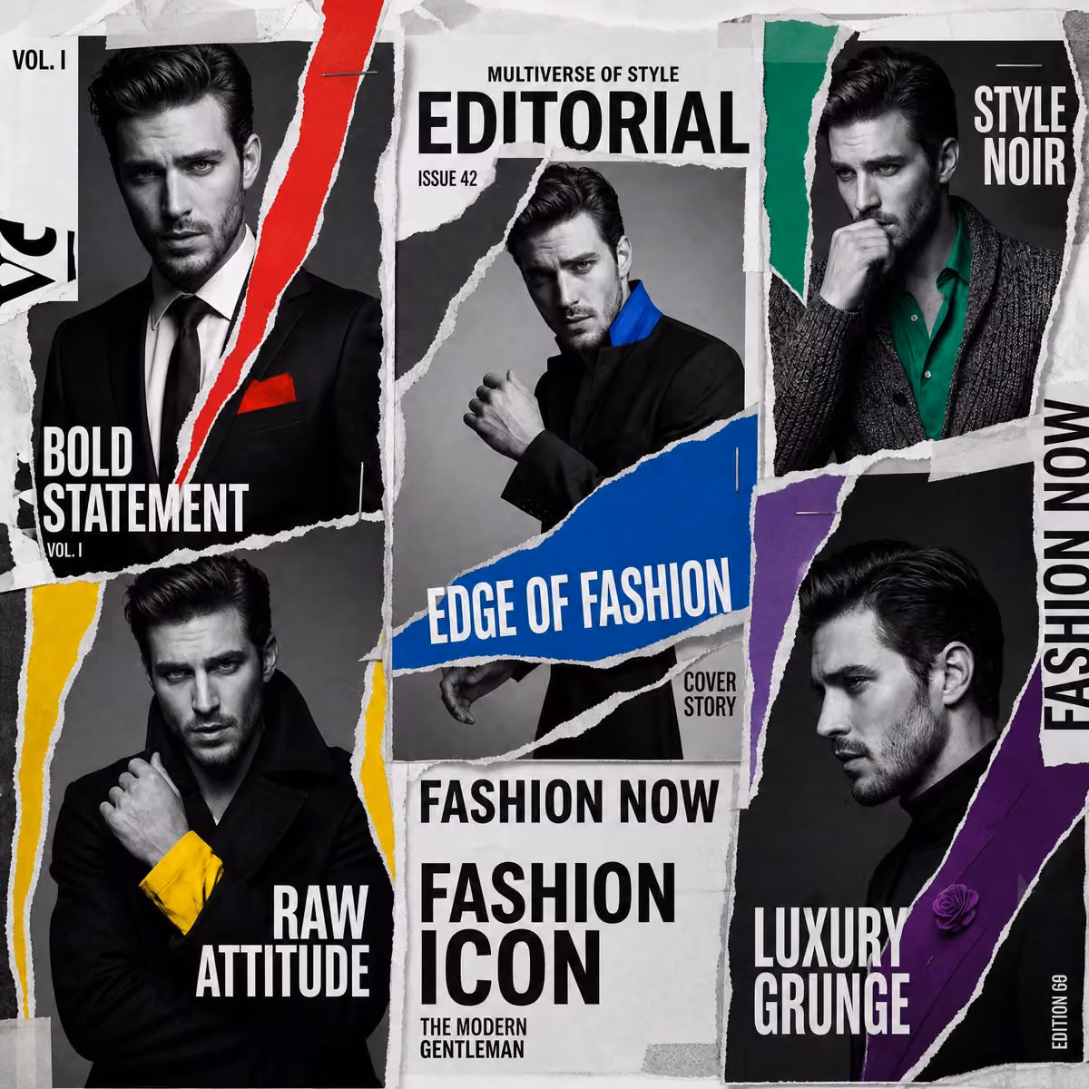A luxury editorial multi-cover layout featuring the same mal
