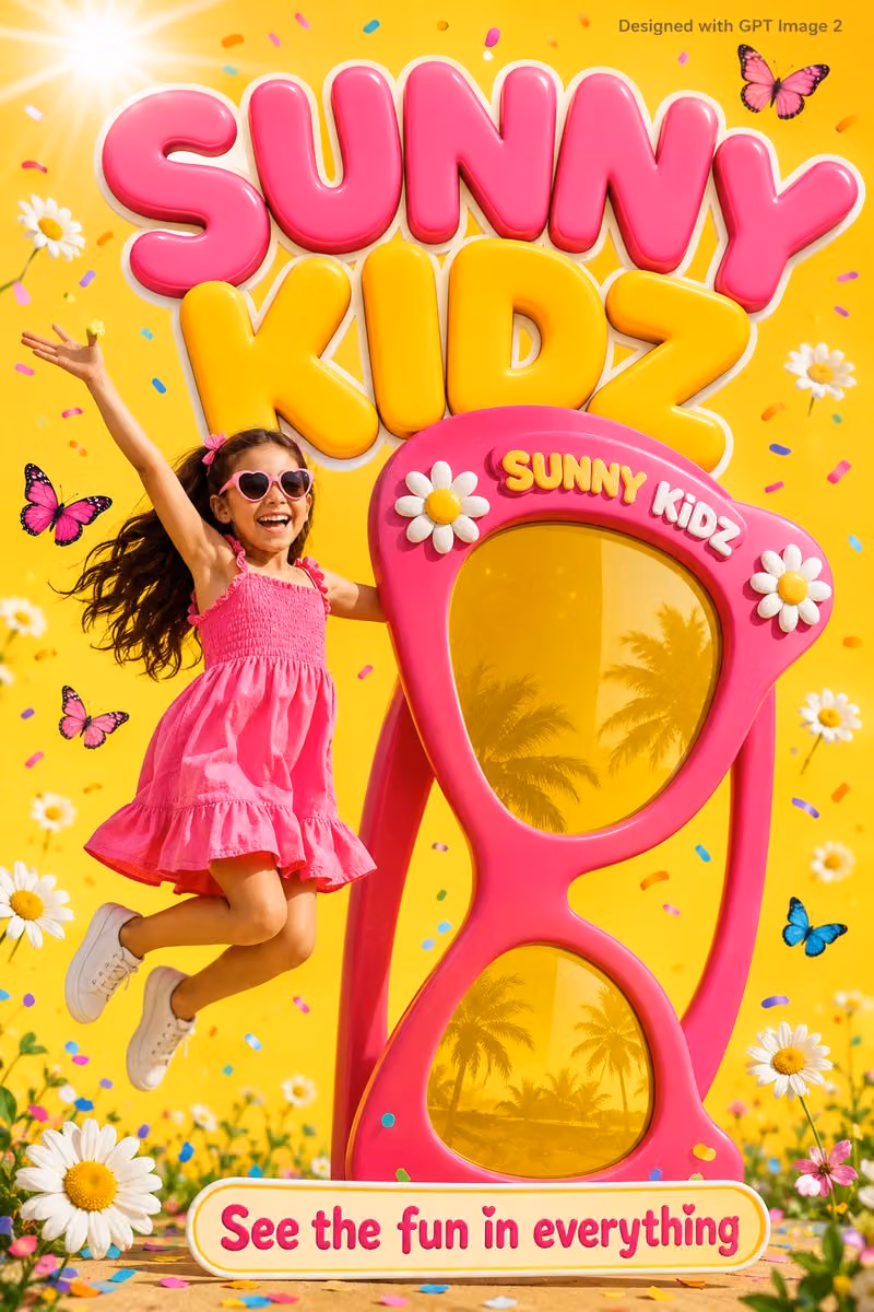 A fun colorful kids advertisement poster. An adorable young