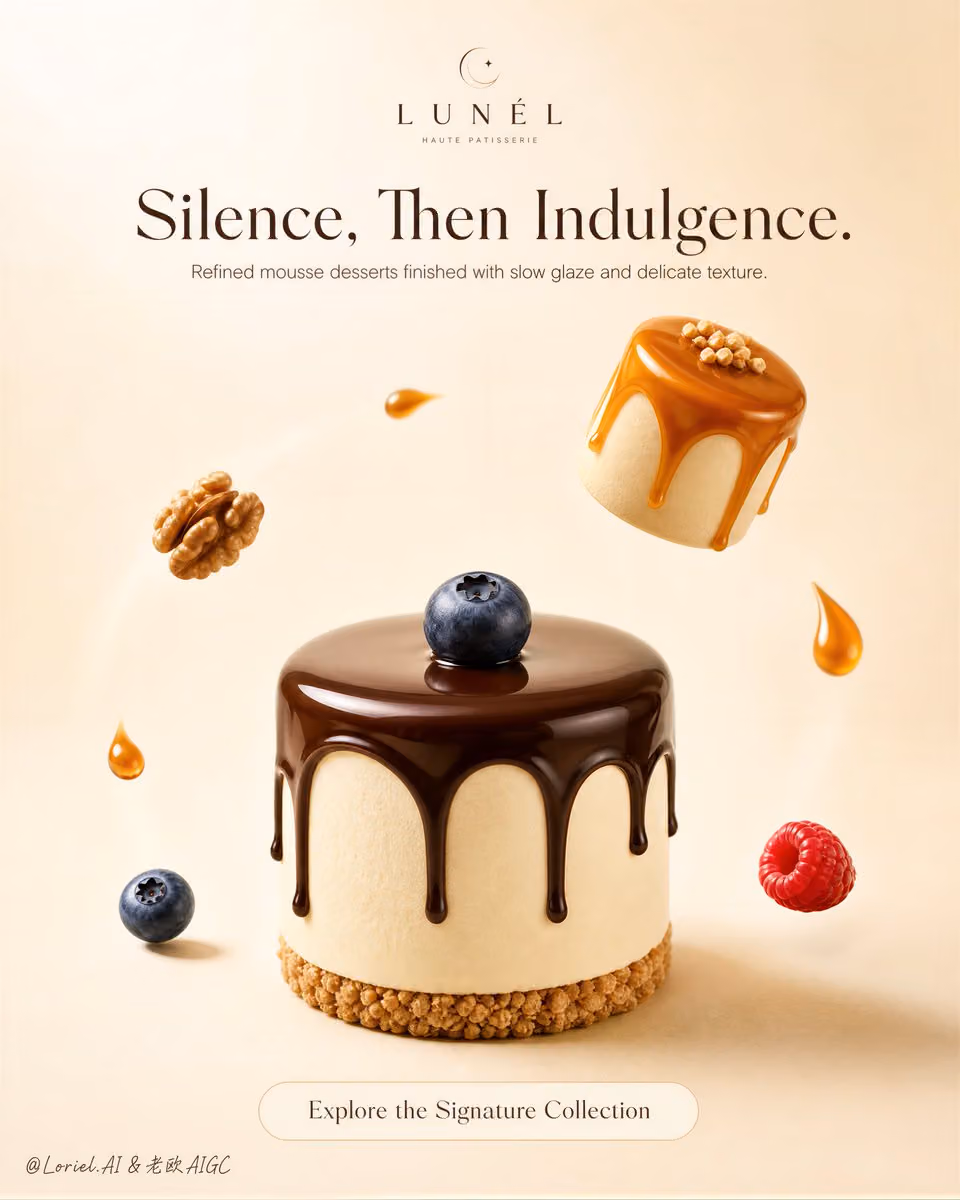 Create a premium vertical dessert campaign poster for a fict