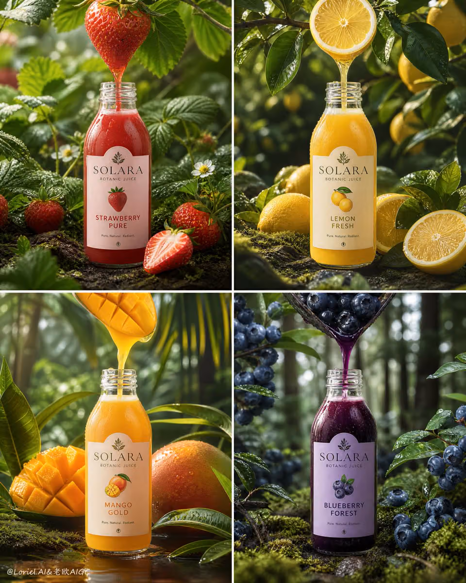 Create an ultra-premium 2x2 four-panel natural fruit-juice g