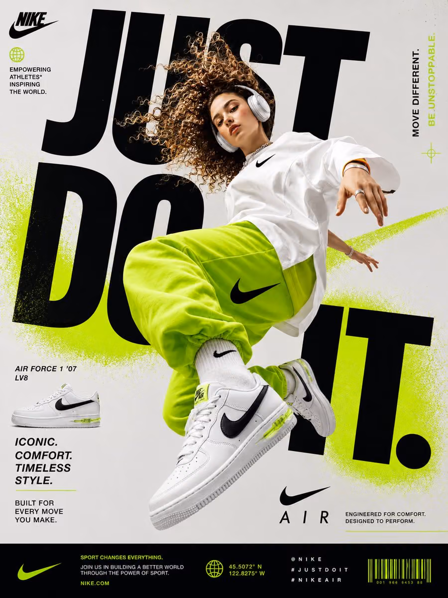 Generate a perfectly graphic designed poster of Nike Shoe ad