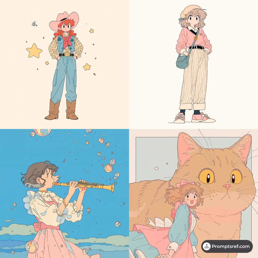 - retro japanese anime illustration, soft pastel palette, de
