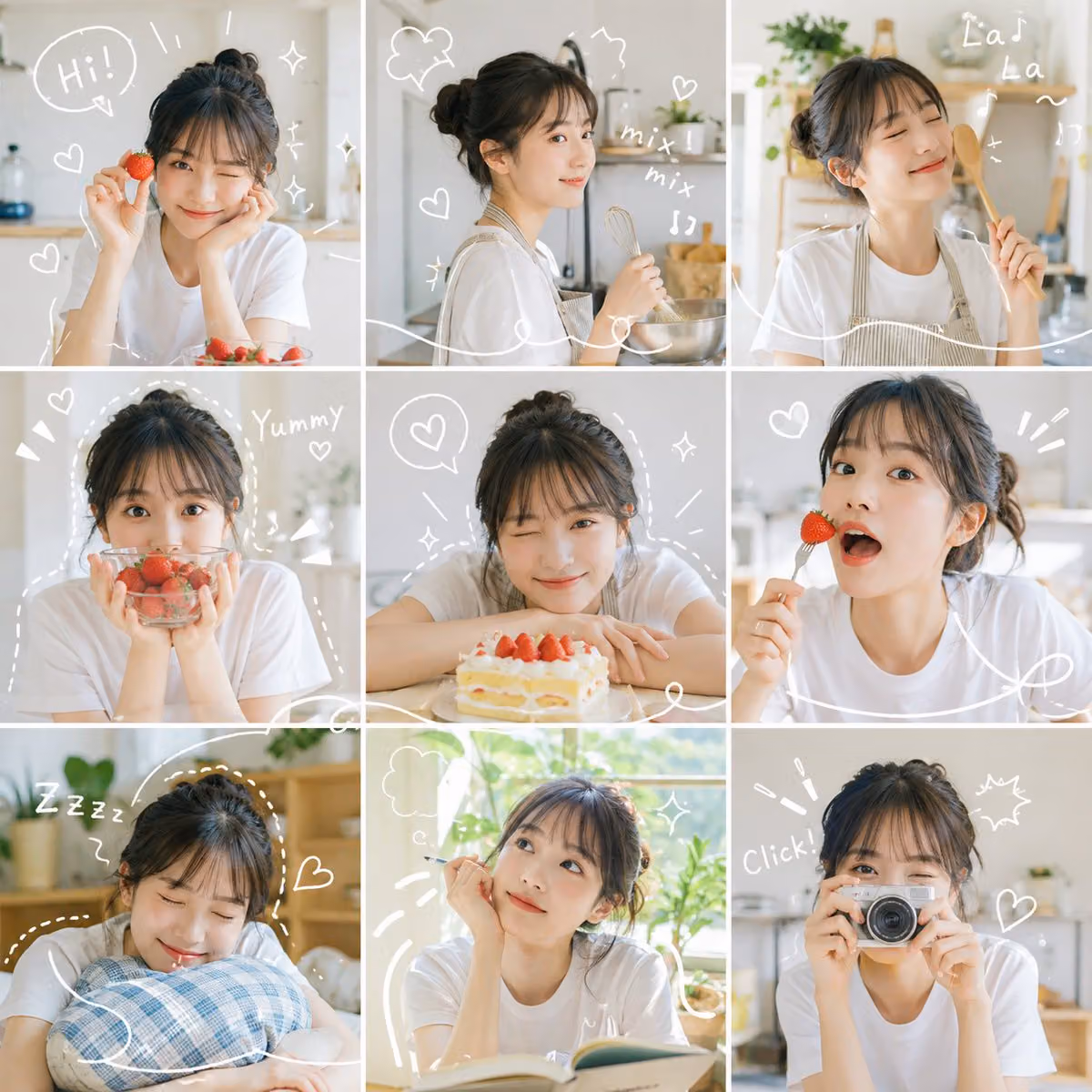 A nine-panel grid photo collage of the same subject appearin