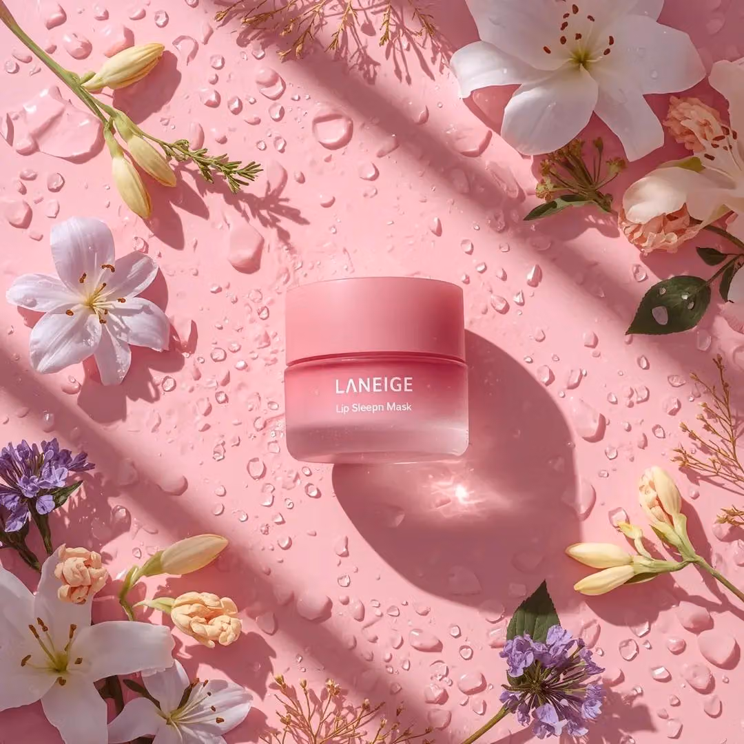 A hyper-realistic beauty product photograph of a pink [LANEI