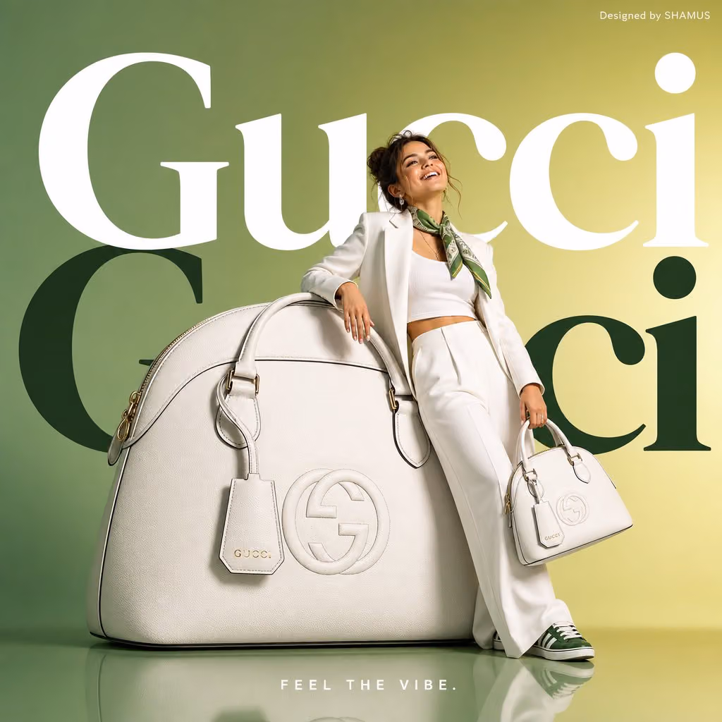 Minimalist commercial ad featuring oversized white GUCCI han