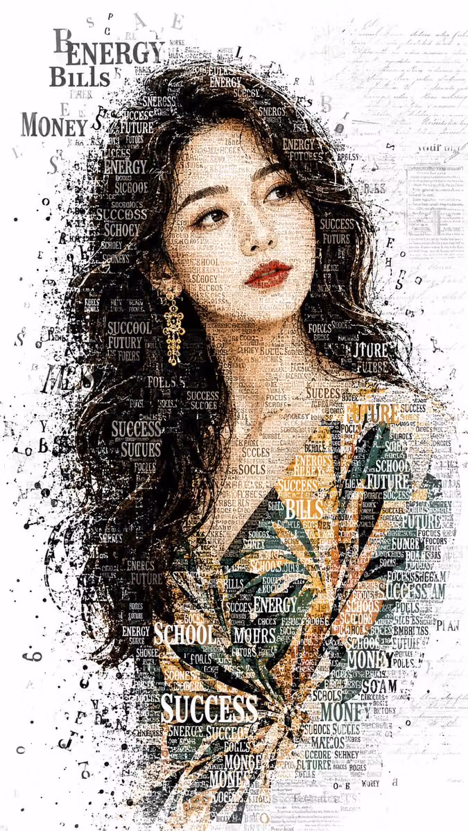 A striking typographic portrait of a young woman with a thou