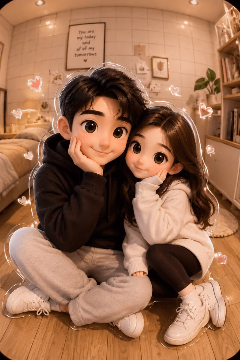 Make A cute 3D cartoon couple portrait in a cozy room. Both