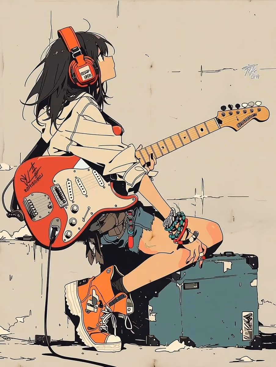 Minimalist anime illustration of a stylish teenage girl sitt