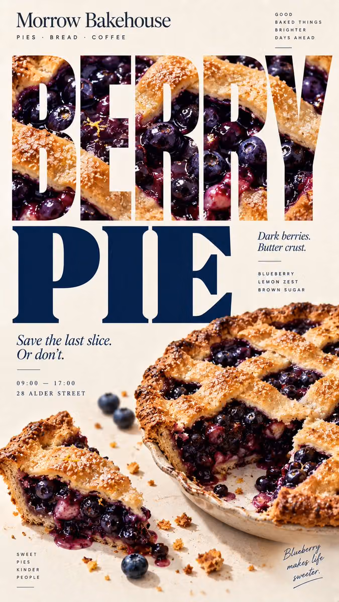 Create a 9:16 vertical food editorial poster that uses the f