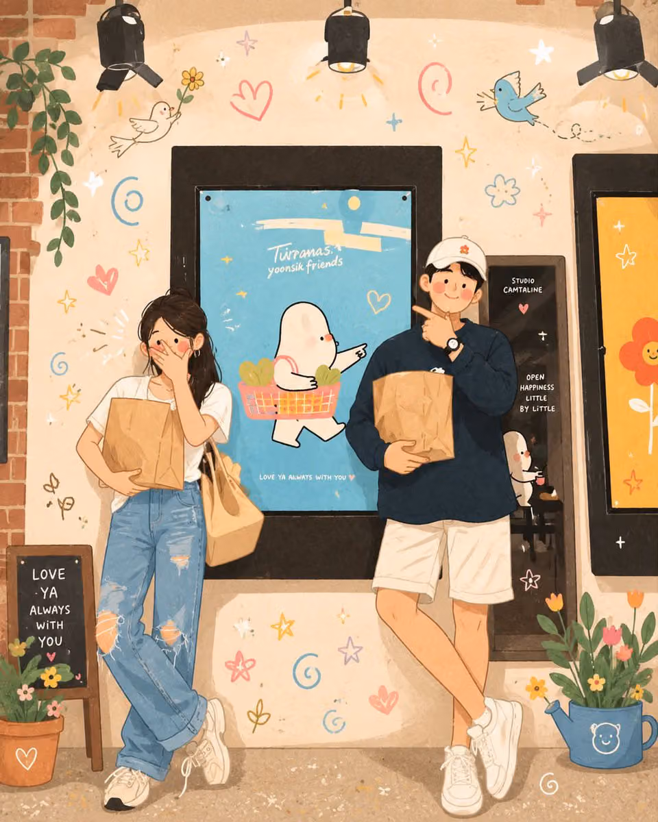 Whimsical Korean-inspired illustration, soft pastel color pa