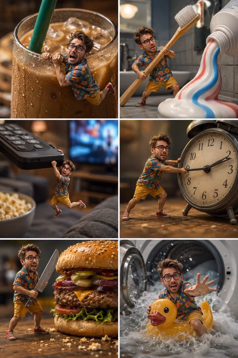 Ultra-realistic cinematic macro miniature photography, a 6-p