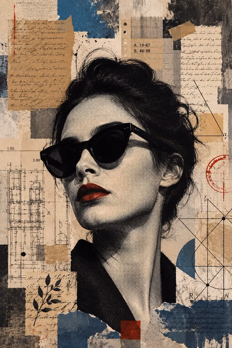 Mixed-media editorial collage with a large centered black-an