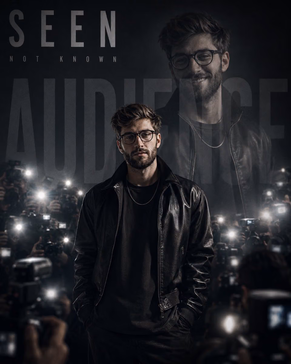 A young man standing alone in a studio while hundreds of blu