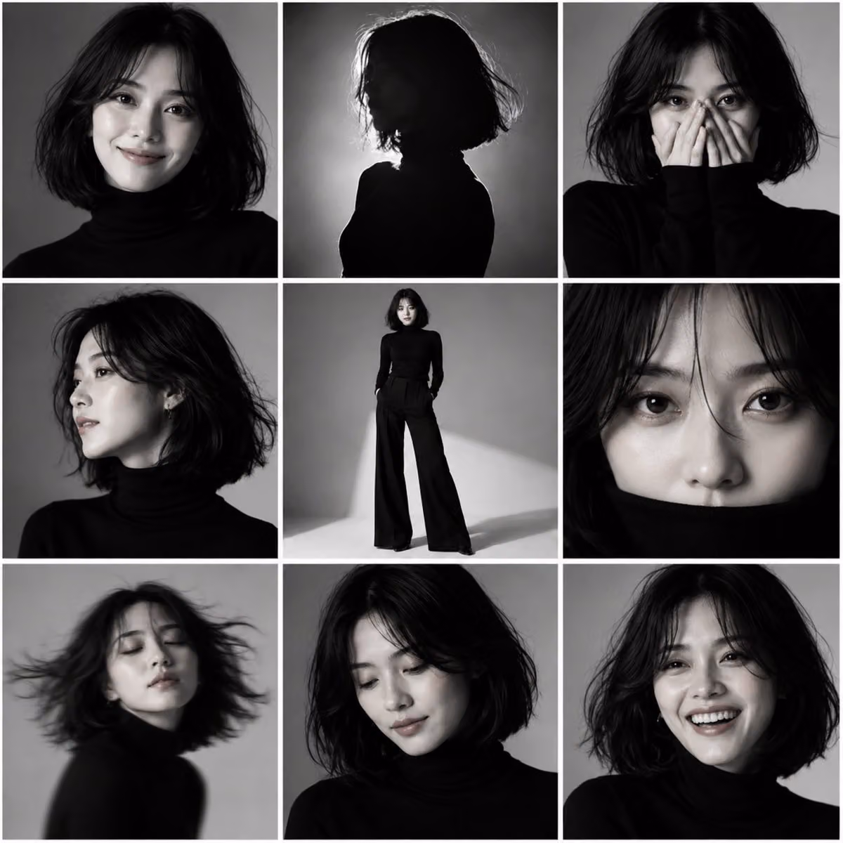 Create a 3×3 grid photo collage with high-contrast black-and