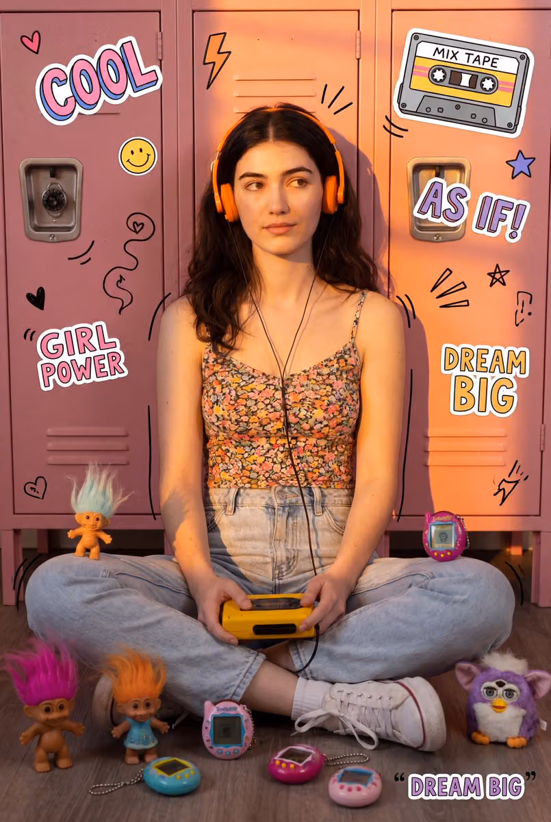 Retro 90s collage-style photography. The focal point is a wo