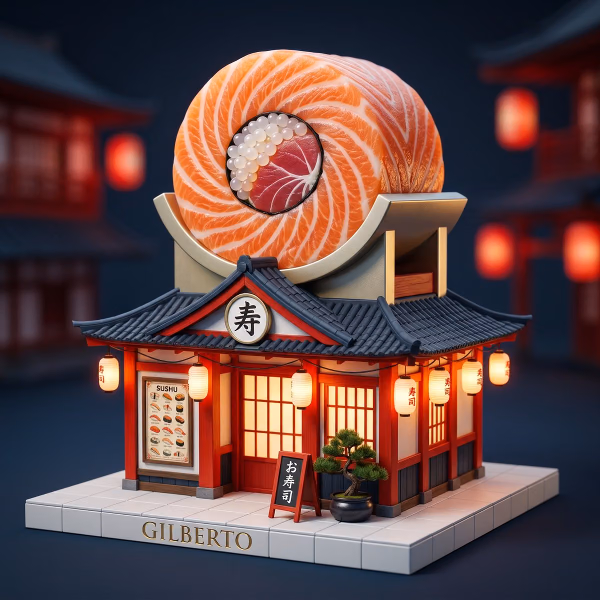 A rooftop pizza melting over brick walls, a sushi roll large
