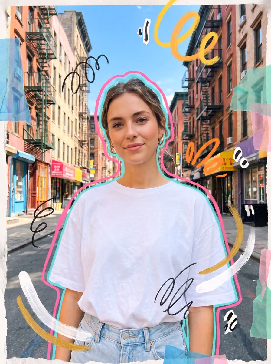 Photorealistic mixed media collage street portrait of a youn