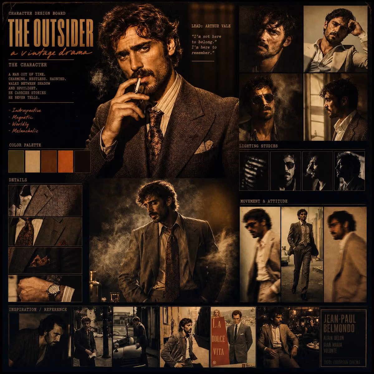 Create a cinematic character design board for a vintage-insp
