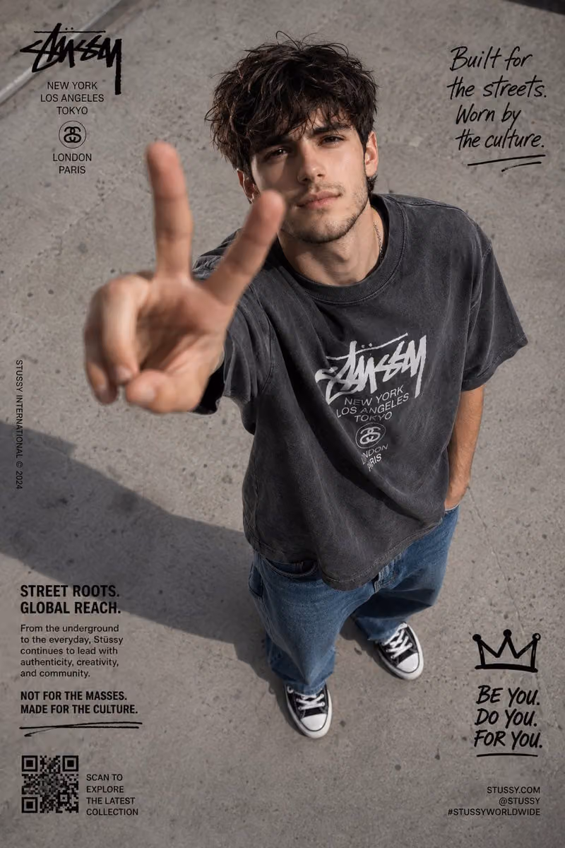 Ultra-realistic streetwear fashion campaign poster shot from