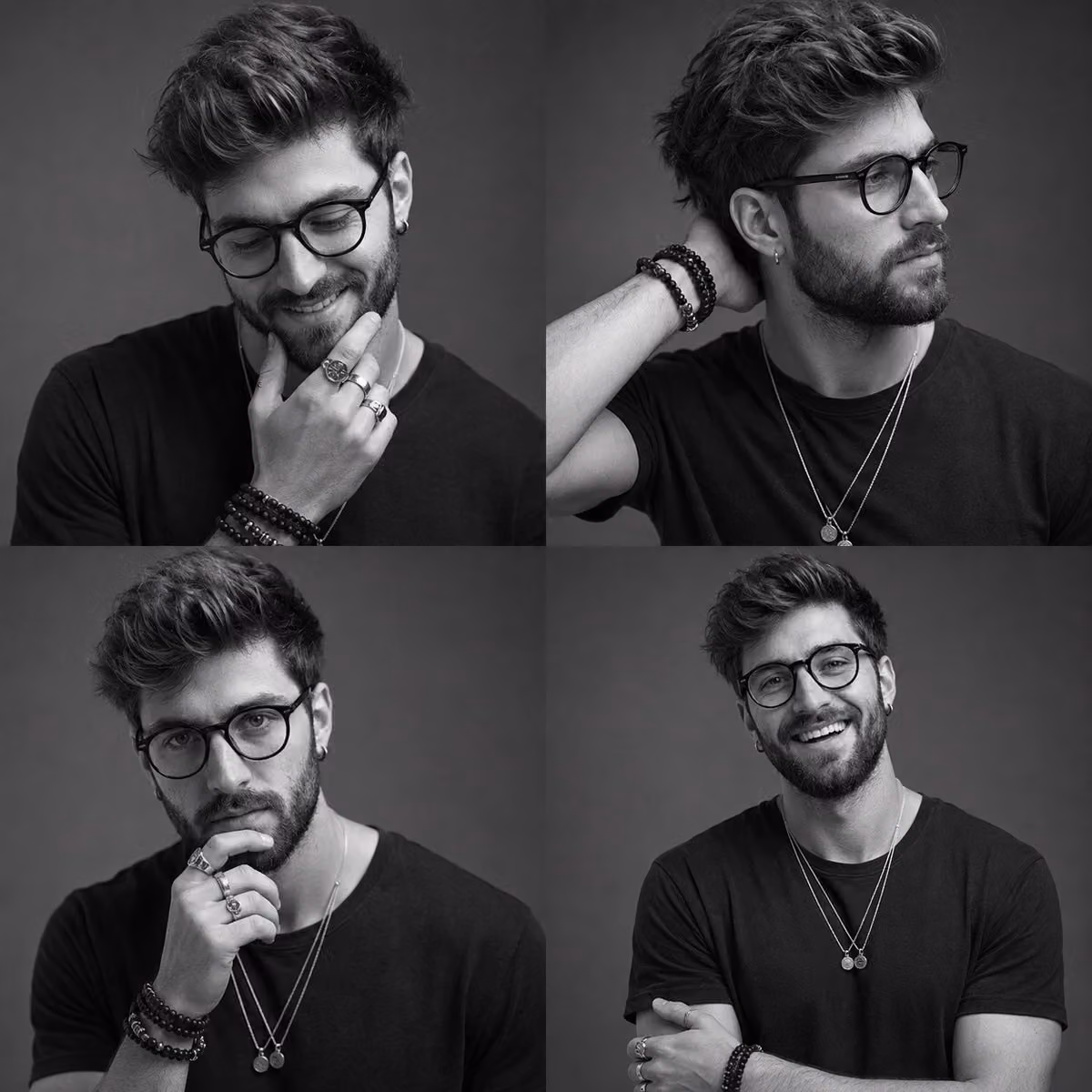 Ultra-realistic black-and-white studio portrait contact shee