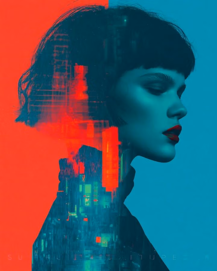Double exposure portrait of a person in profile view facing