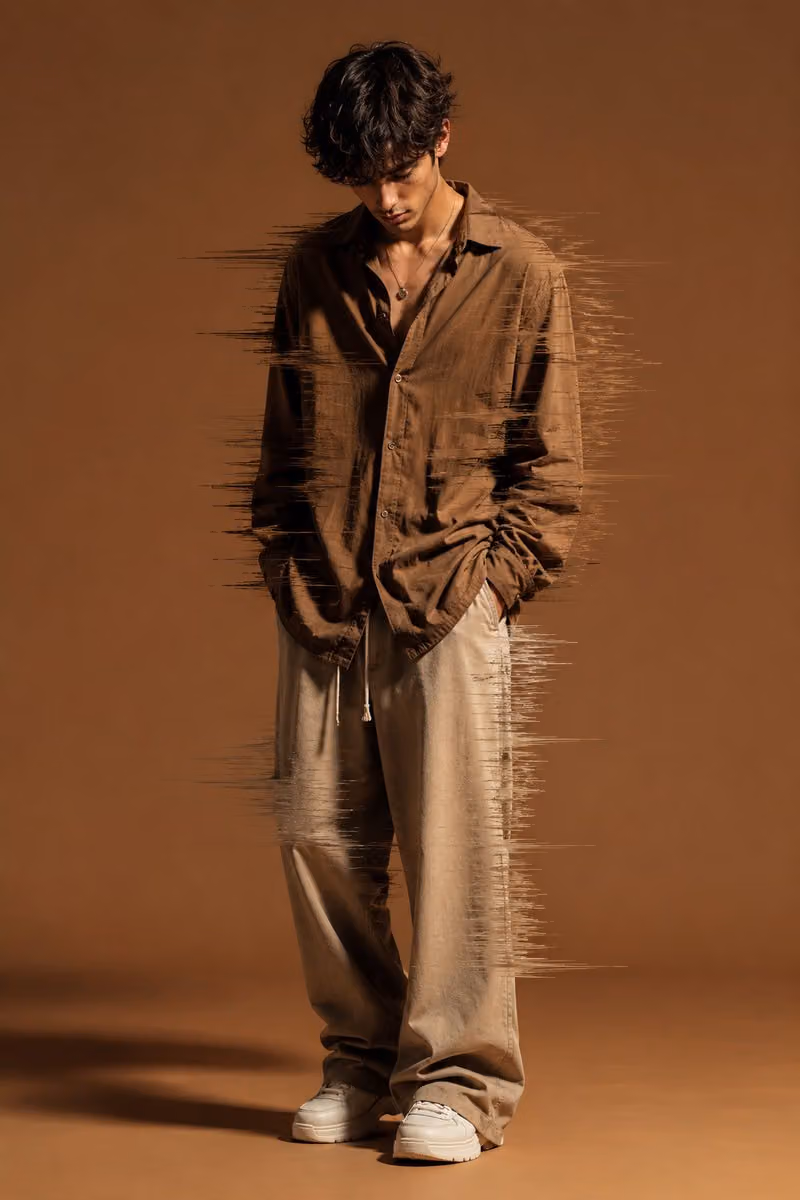 A stylish young man standing in a dynamic pose, looking down