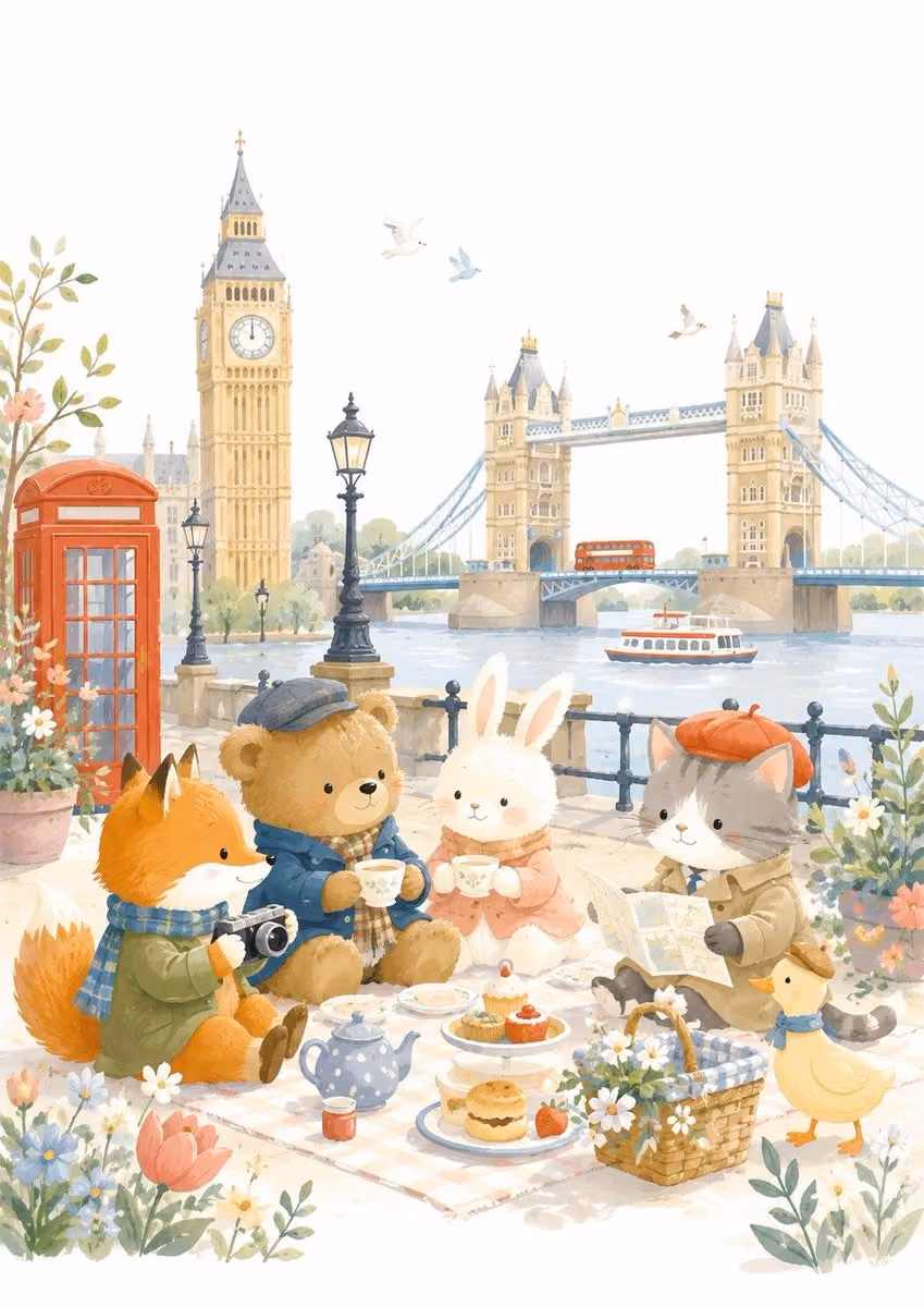 Create an adorable children's storybook travel illustration