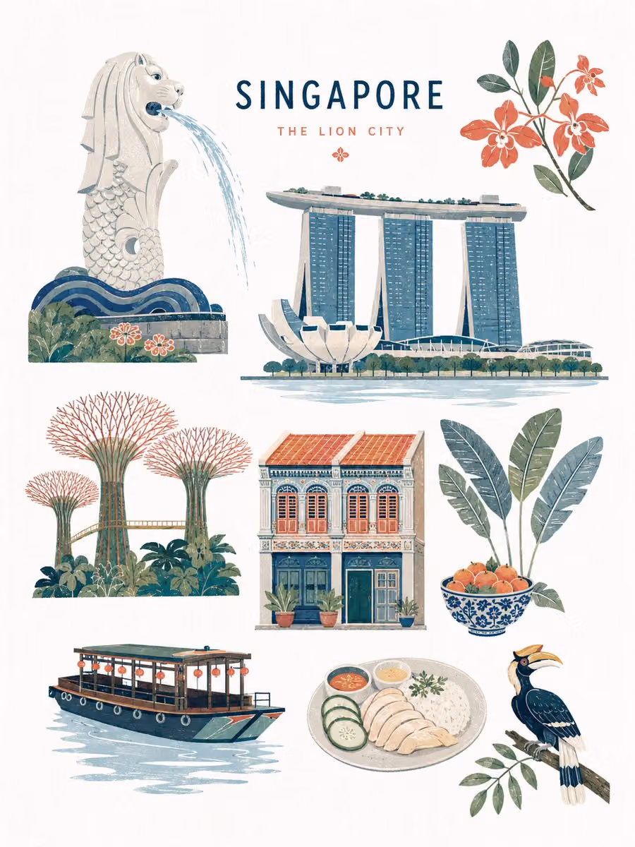 Create a premium mid-century-inspired flat editorial illustr