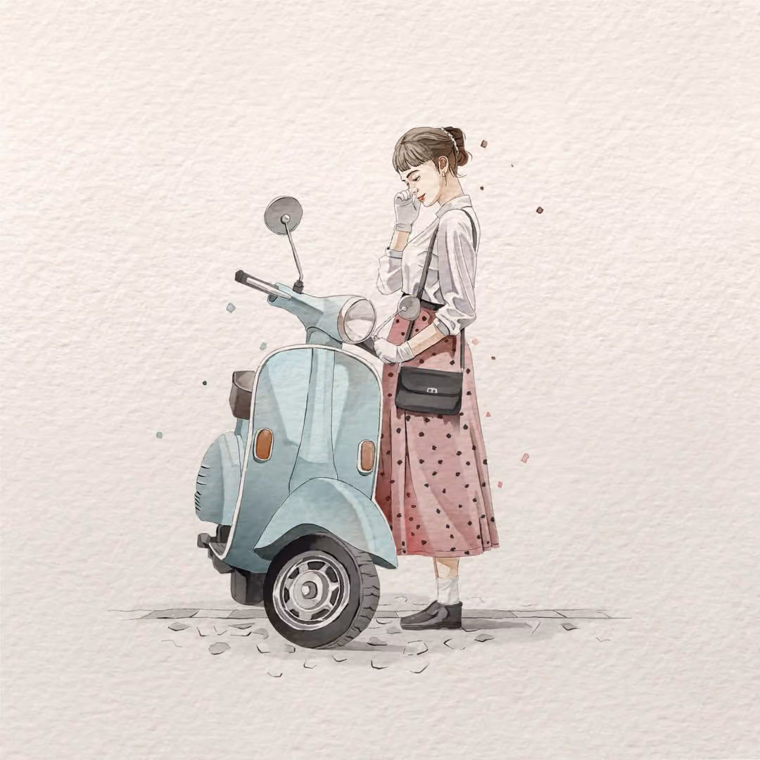 A delicate watercolor fashion illustration on textured cold-
