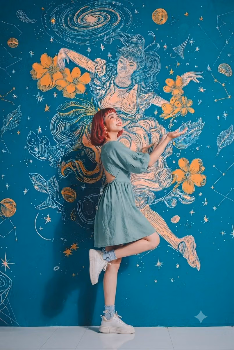 A sequence of studio photographs captures the same young wom