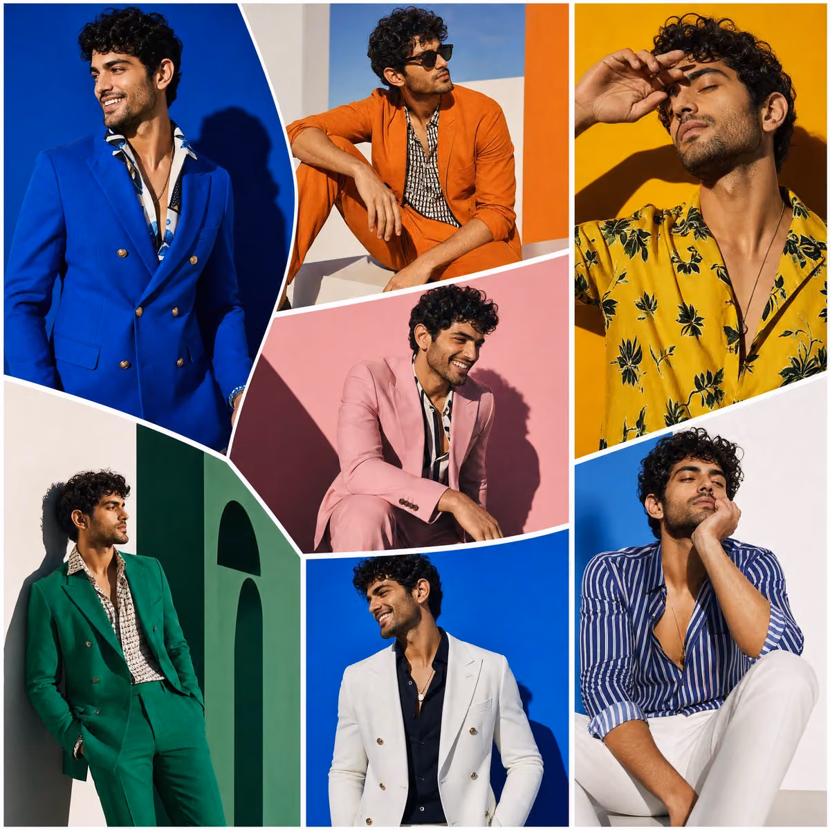 The SAME male model displayed across oversized random-shaped