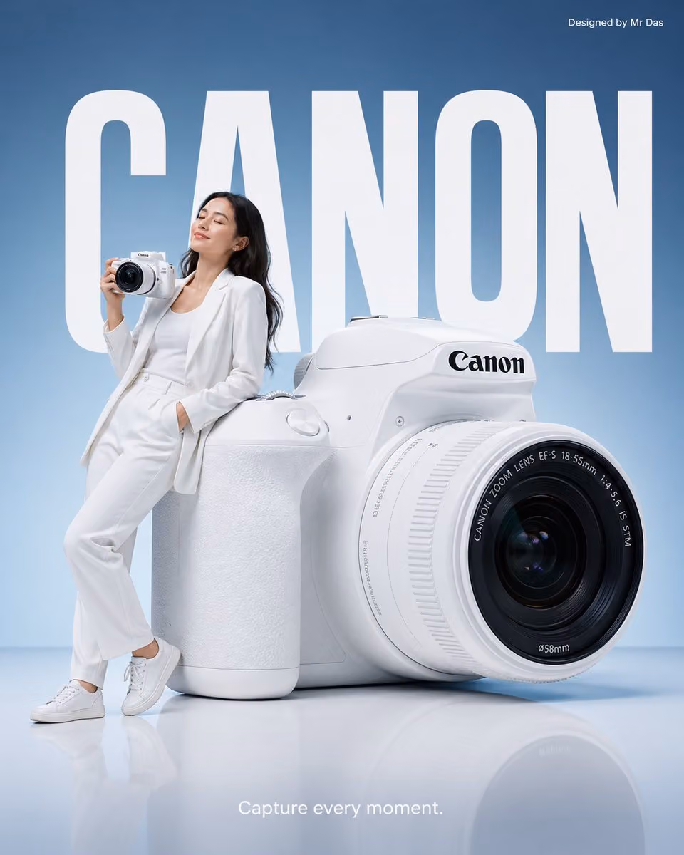Minimalist commercial ad featuring oversized white DSLR came