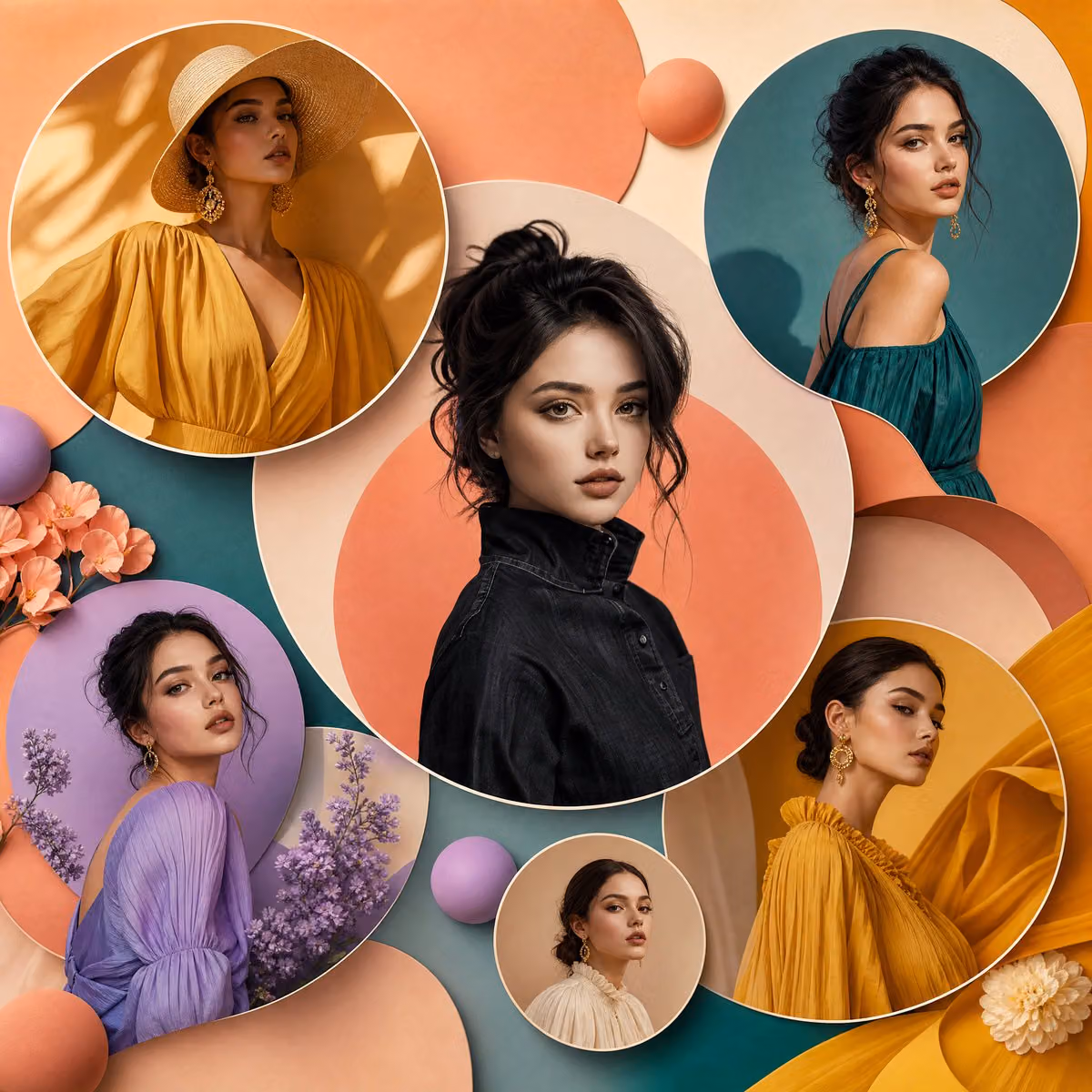 Inspired by high-end fashion magazines. Create a colorful sq