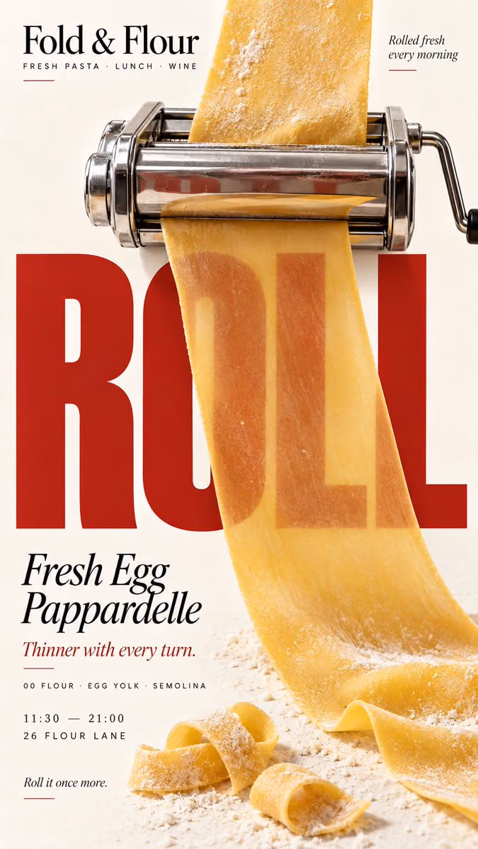 Create a 9:16 vertical food editorial poster combining highl
