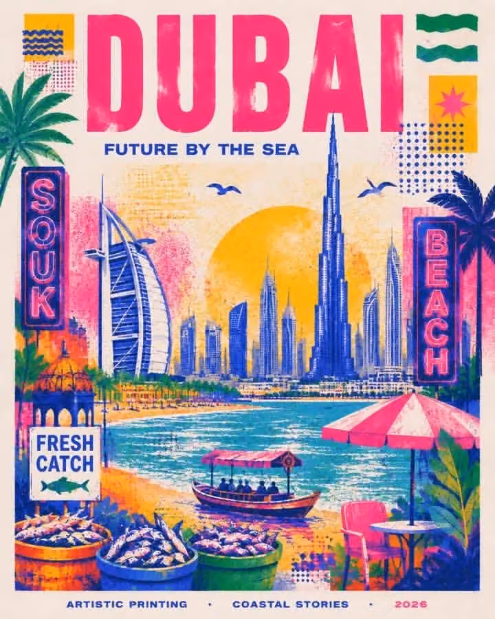 Create a stylish modern travel poster inspired by risography
