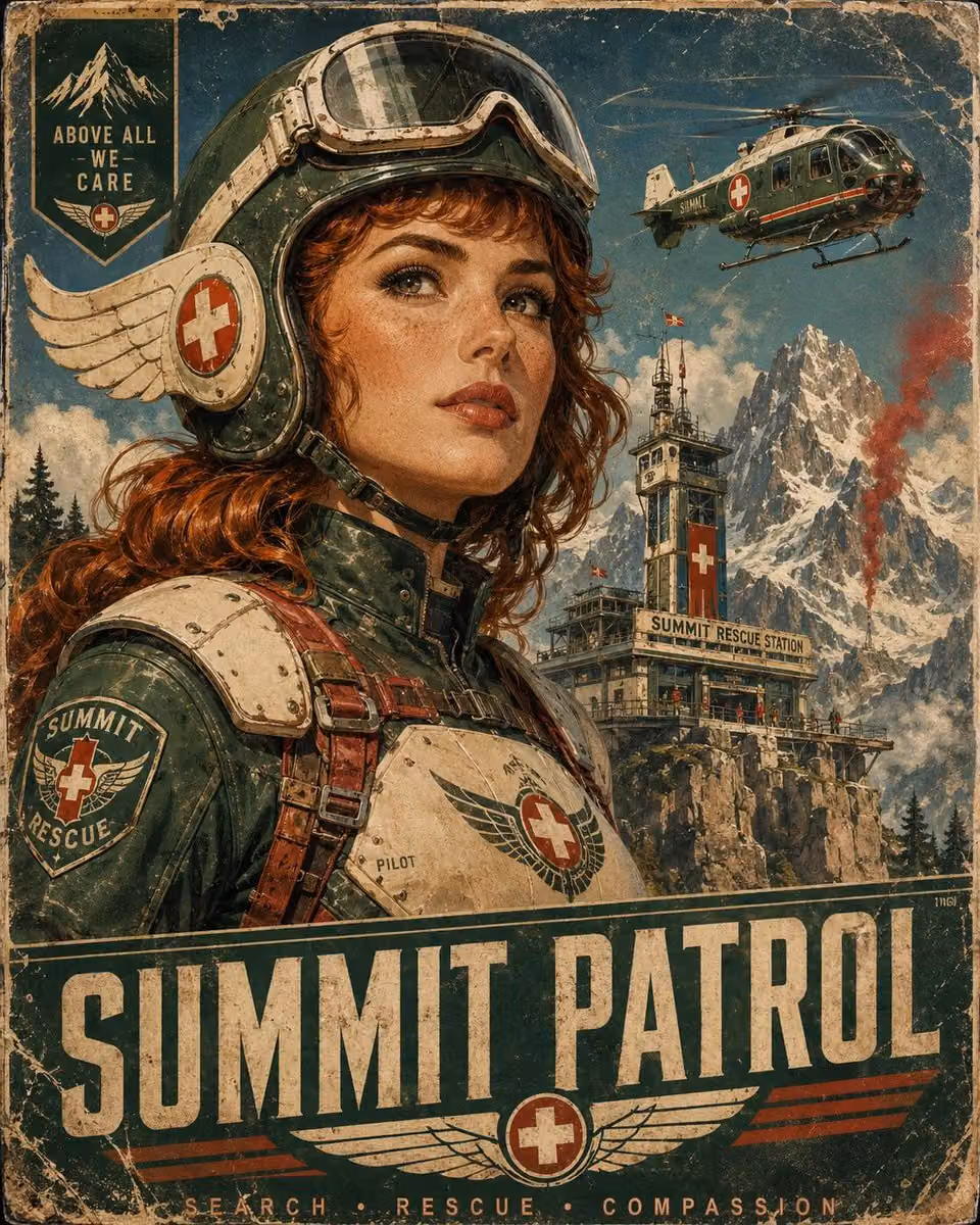 Retro-futuristic propaganda travel poster, heroic aviation e