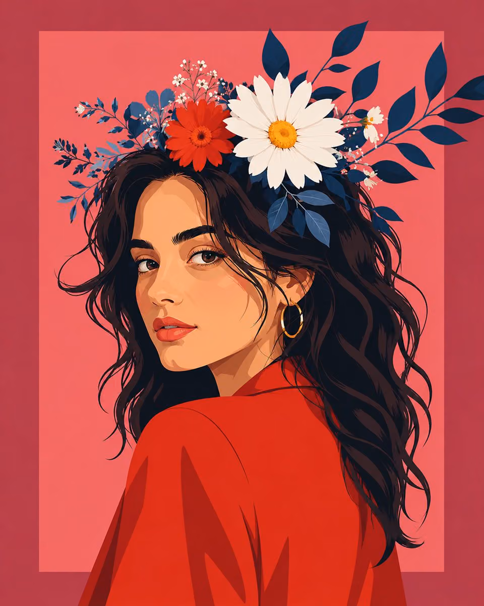 Wide flat vector illustration poster, woman with floral crow