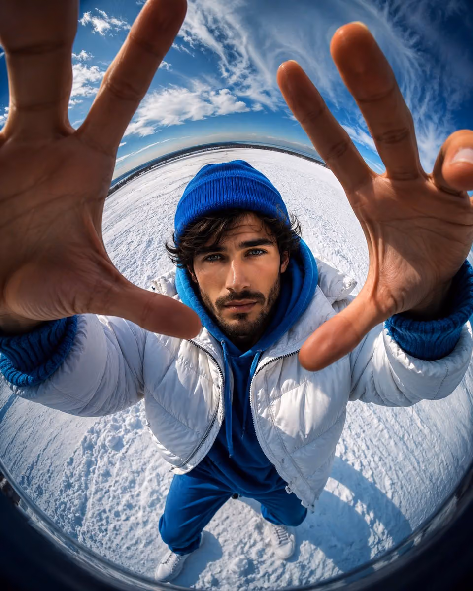 Ultra-premium streetwear portrait captured from an extreme o