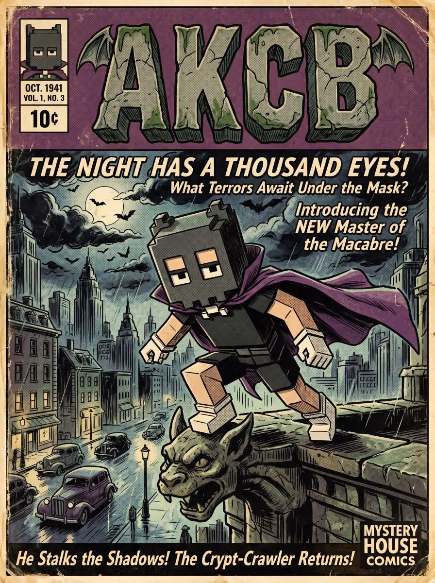 Create an eerie comic cover from 1940's, title "AKCB"
Includ