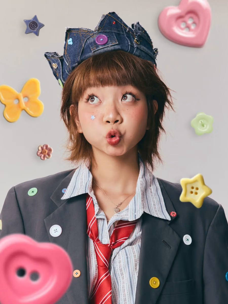 Ultra-realistic editorial fashion portrait of a playful youn