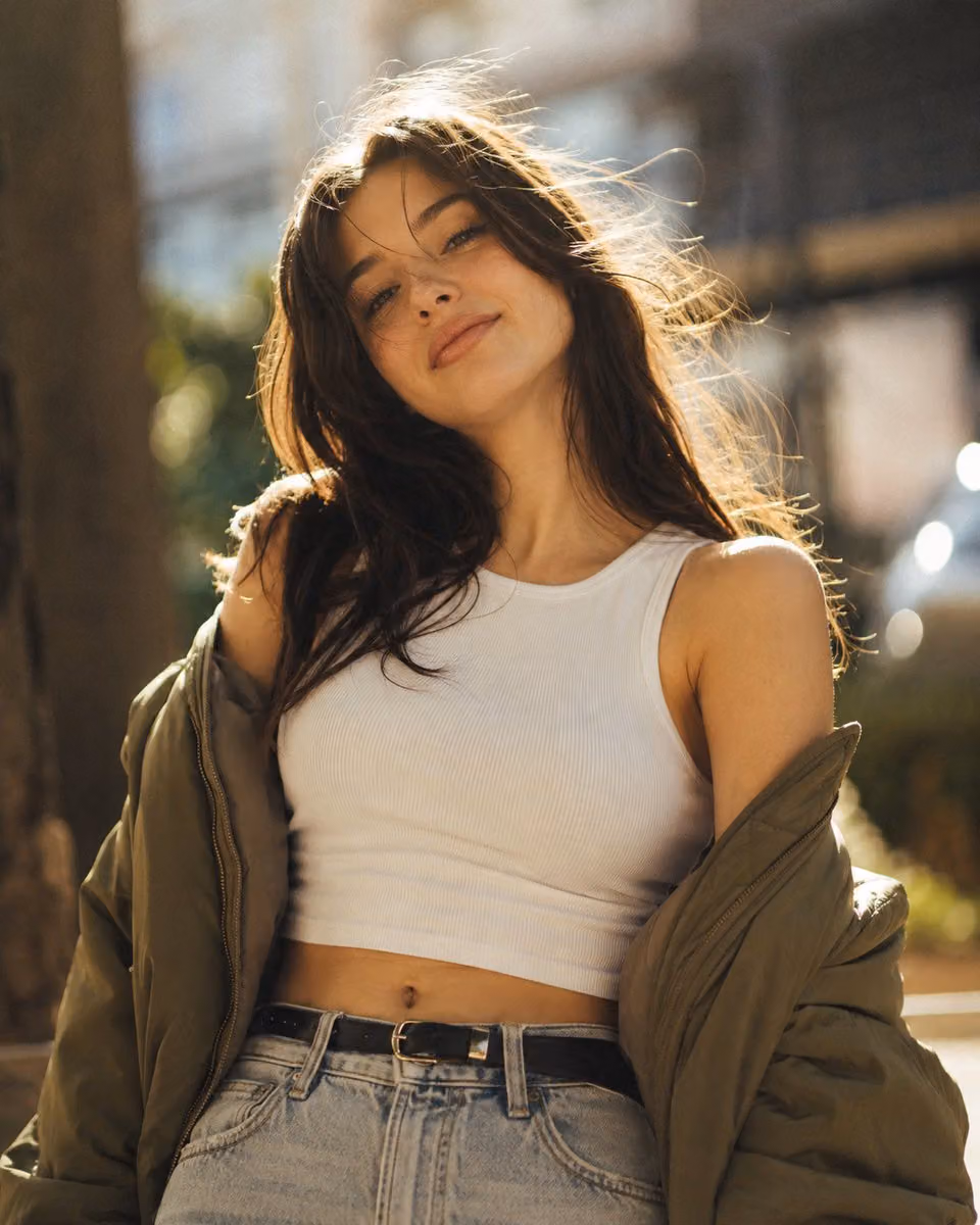 "A young woman with long wavy dark brown hair blowing in the