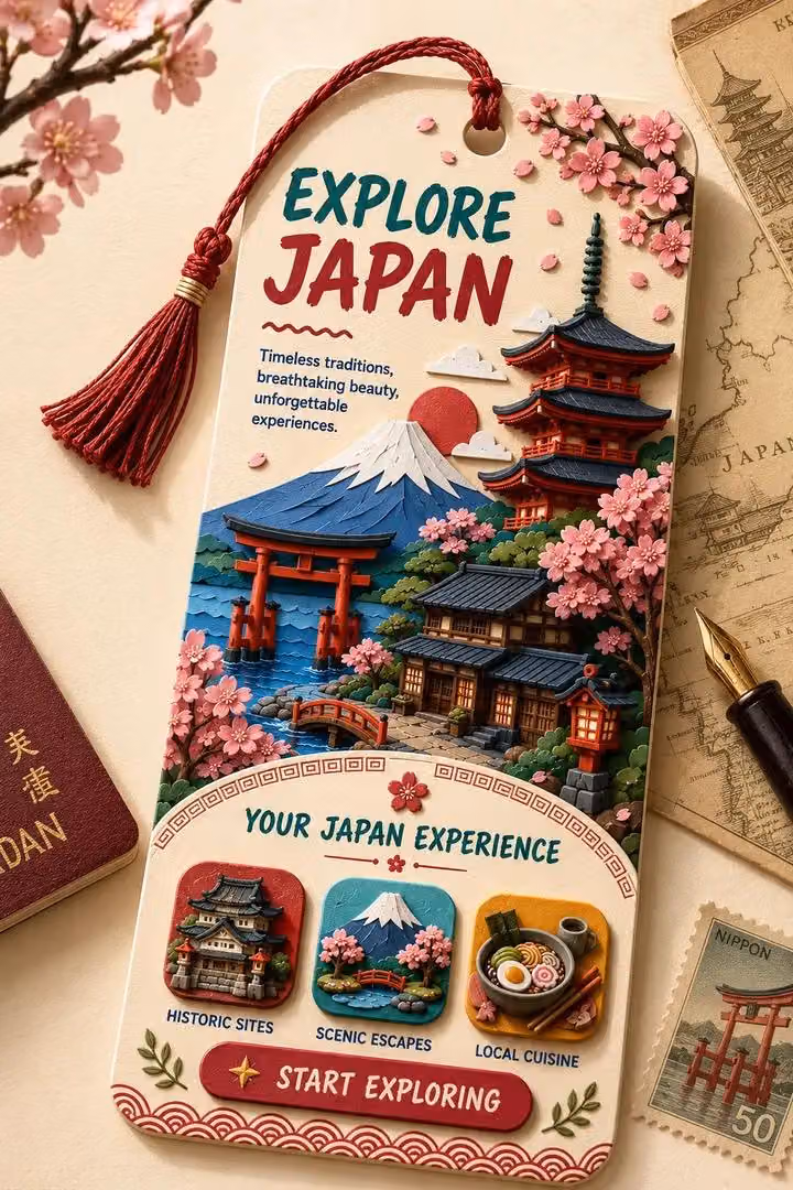 Create a premium vertical 2:3 collectible travel bookmark fe