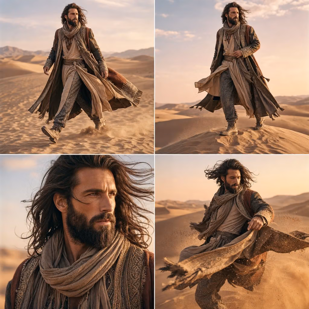 Use reference image. A high-fashion cinematic desert editor