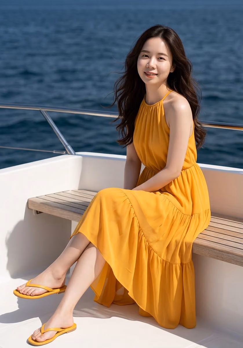 East Asian Woman on Yacht, Marigold Dress, Low Angle